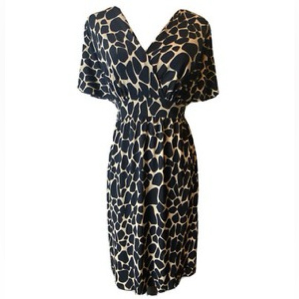 Lily Petite Animal Print V-Neck Midi Dress Tan Black Size SP